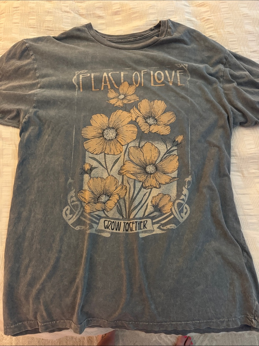 Peace of Love Floral Graphic Tee - Slate Blue with Yellow Flowers